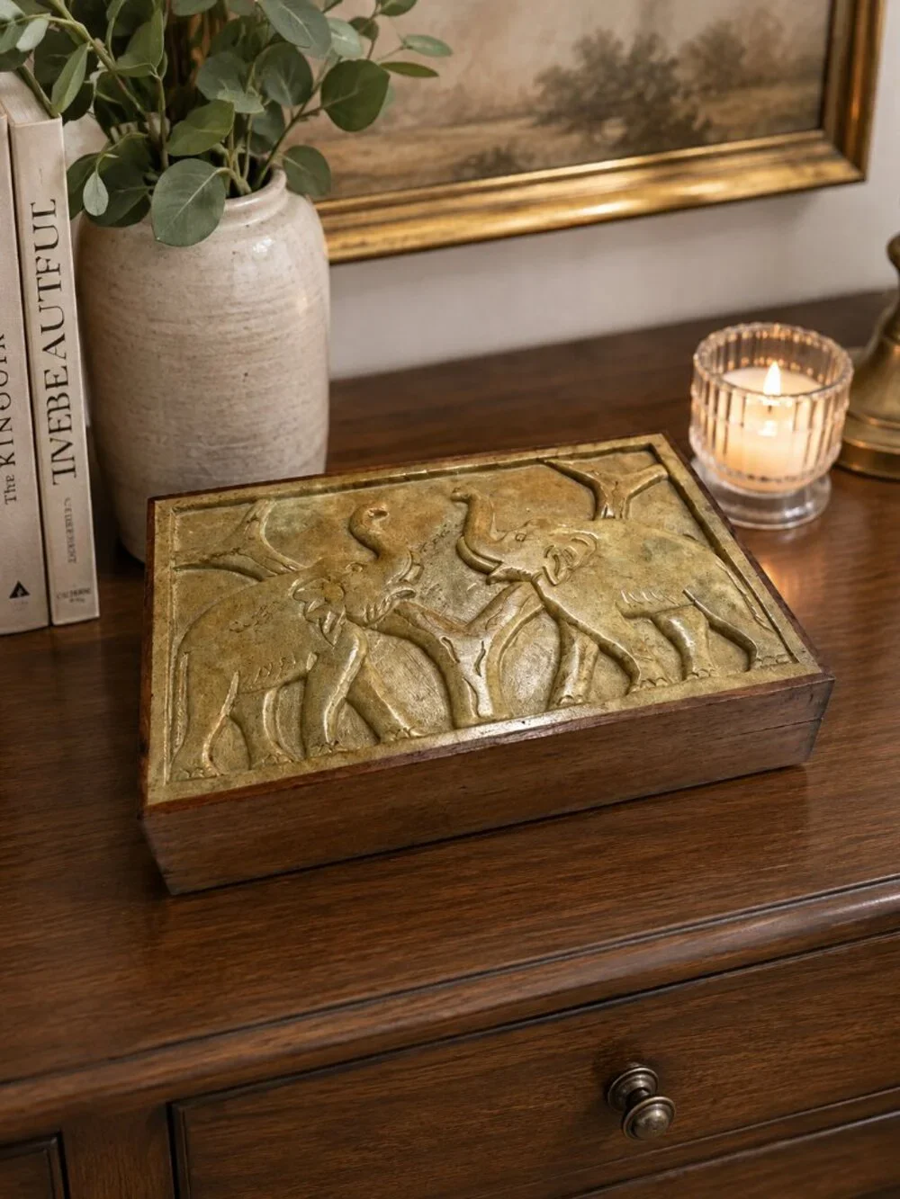 VTG Hand Carved Elephant Wooden Trinket Box Stone Inlay Safari Boho Decor 6